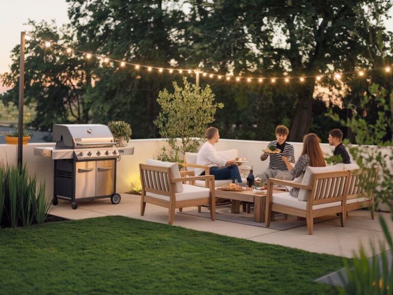 Strefa BBQ z nowoczesnym grillem i wygodnymi meblami