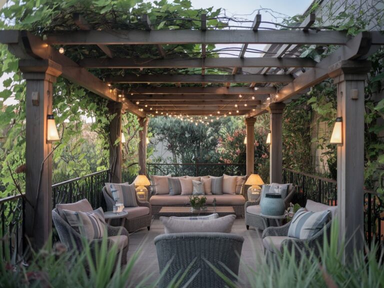 Stylowa pergola na tarasie w otoczeniu zieleni